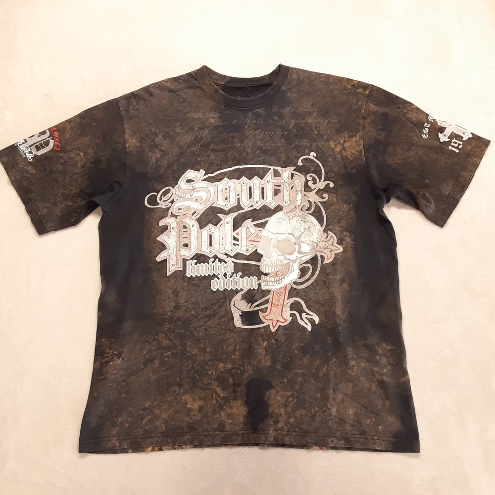 Vintage Southpole Mens Graphic Tee 2XL Black Cross Skull Lava Wash Crew SS 1991